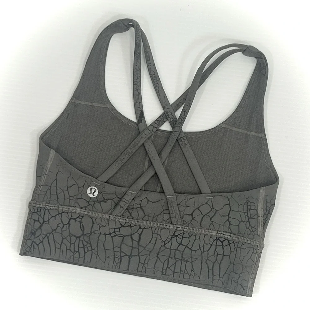 Lululemon‎ Energy Longline Bra Size 2 Gray Thread Dye Crackle Pattern Cross Back